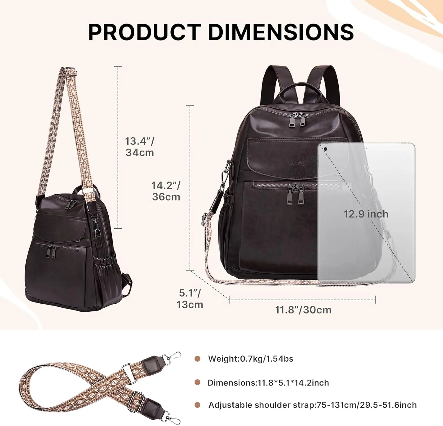 PU Leather Backpack Purse for Women, 12.9 Inch Ladies Fashion Backpack Purse Designer Convertible Travel Backpack (Coffee)