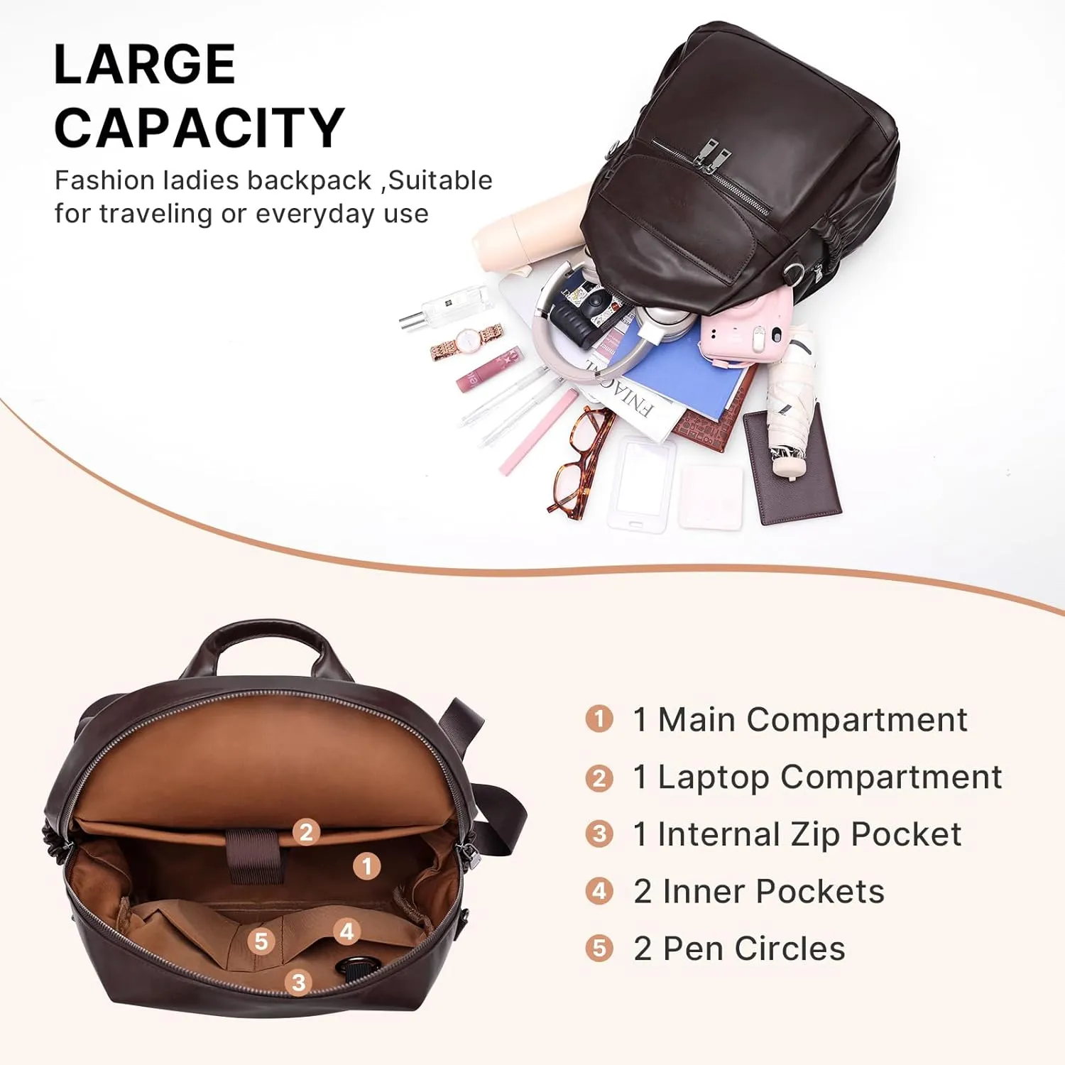 PU Leather Backpack Purse for Women, 12.9 Inch Ladies Fashion Backpack Purse Designer Convertible Travel Backpack (Coffee)