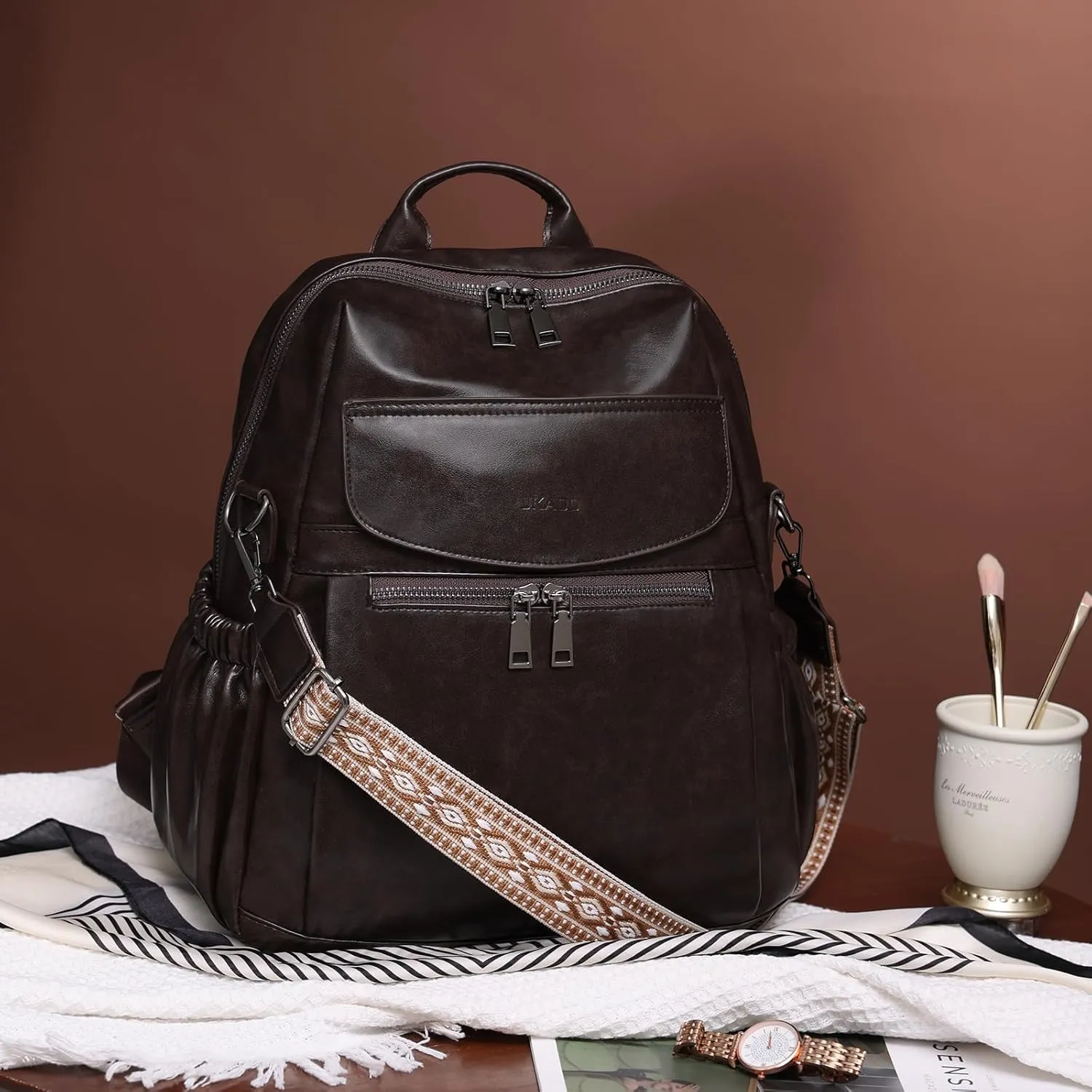 PU Leather Backpack Purse for Women, 12.9 Inch Ladies Fashion Backpack Purse Designer Convertible Travel Backpack (Coffee)