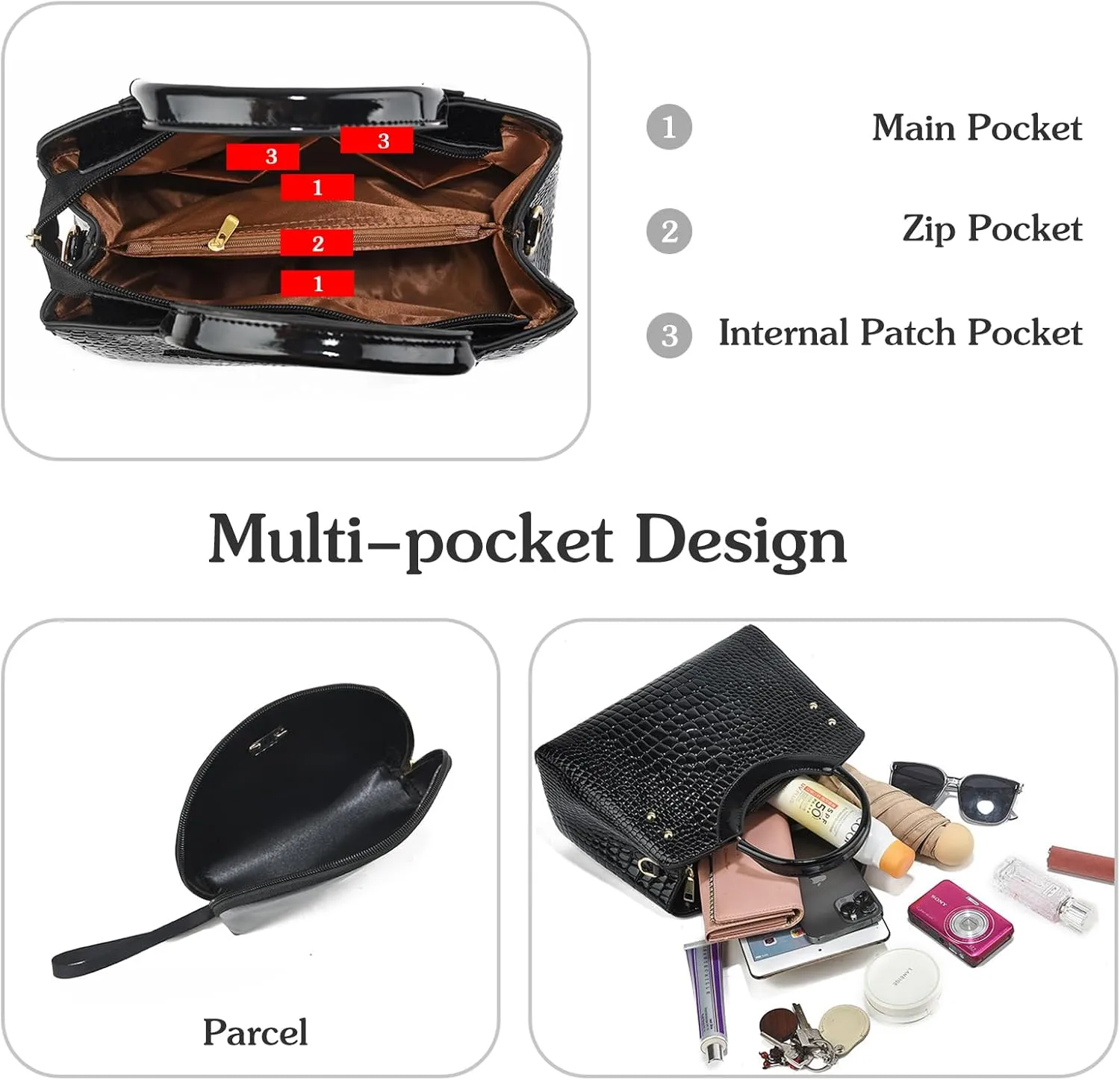 PU Leather Handbag for Women Crocodile Embossed Shoulder Bag Waterproof Crossbody Bag Large Messenger Bag
