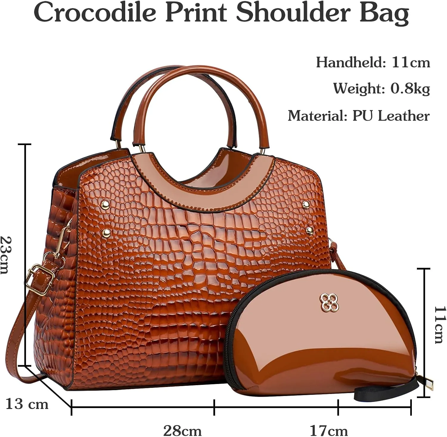 PU Leather Handbag for Women Crocodile Embossed Shoulder Bag Waterproof Crossbody Bag Large Messenger Bag