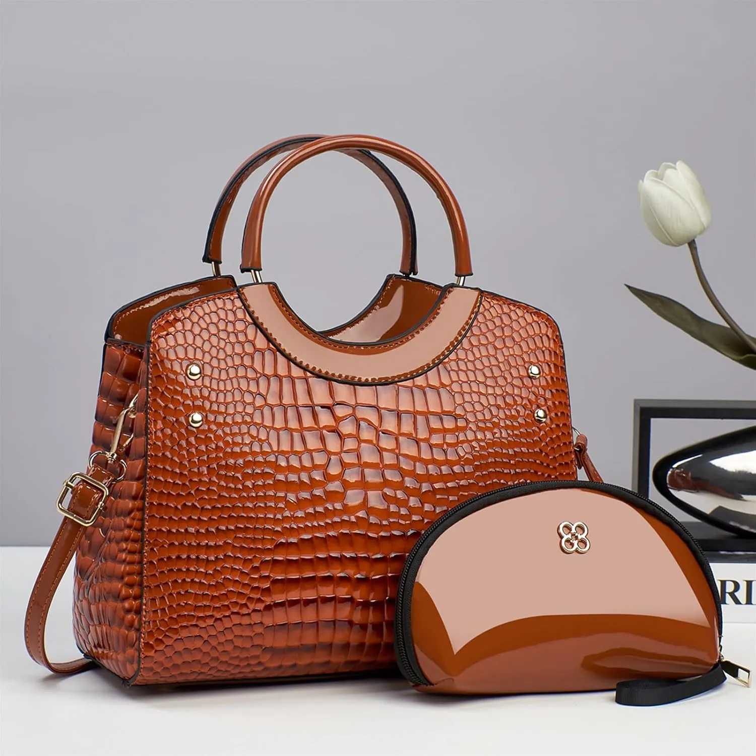 PU Leather Handbag for Women Crocodile Embossed Shoulder Bag Waterproof Crossbody Bag Large Messenger Bag