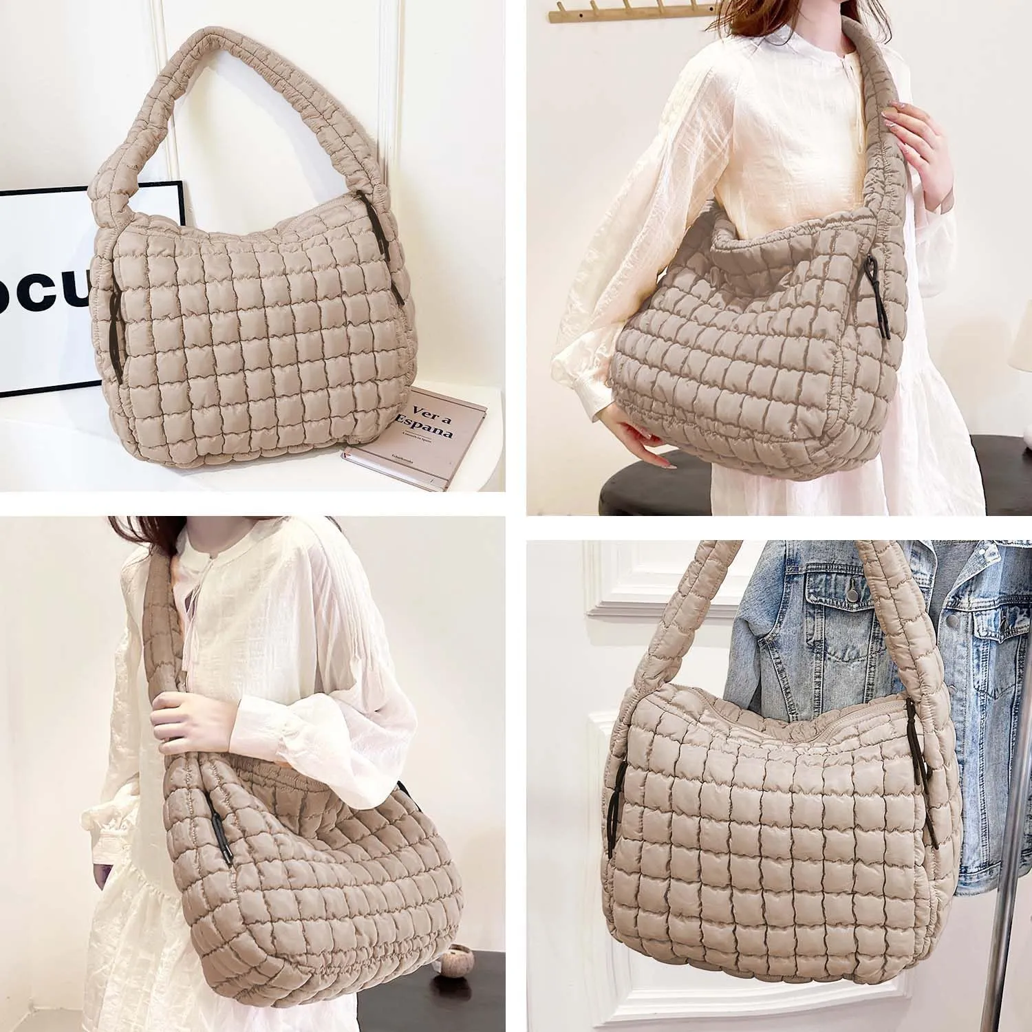 Puffer Tote, Quilted Puffer Hobo Bag, Lightweight Puffy Quilted Shoulder Bag for Work, Gym, Travel