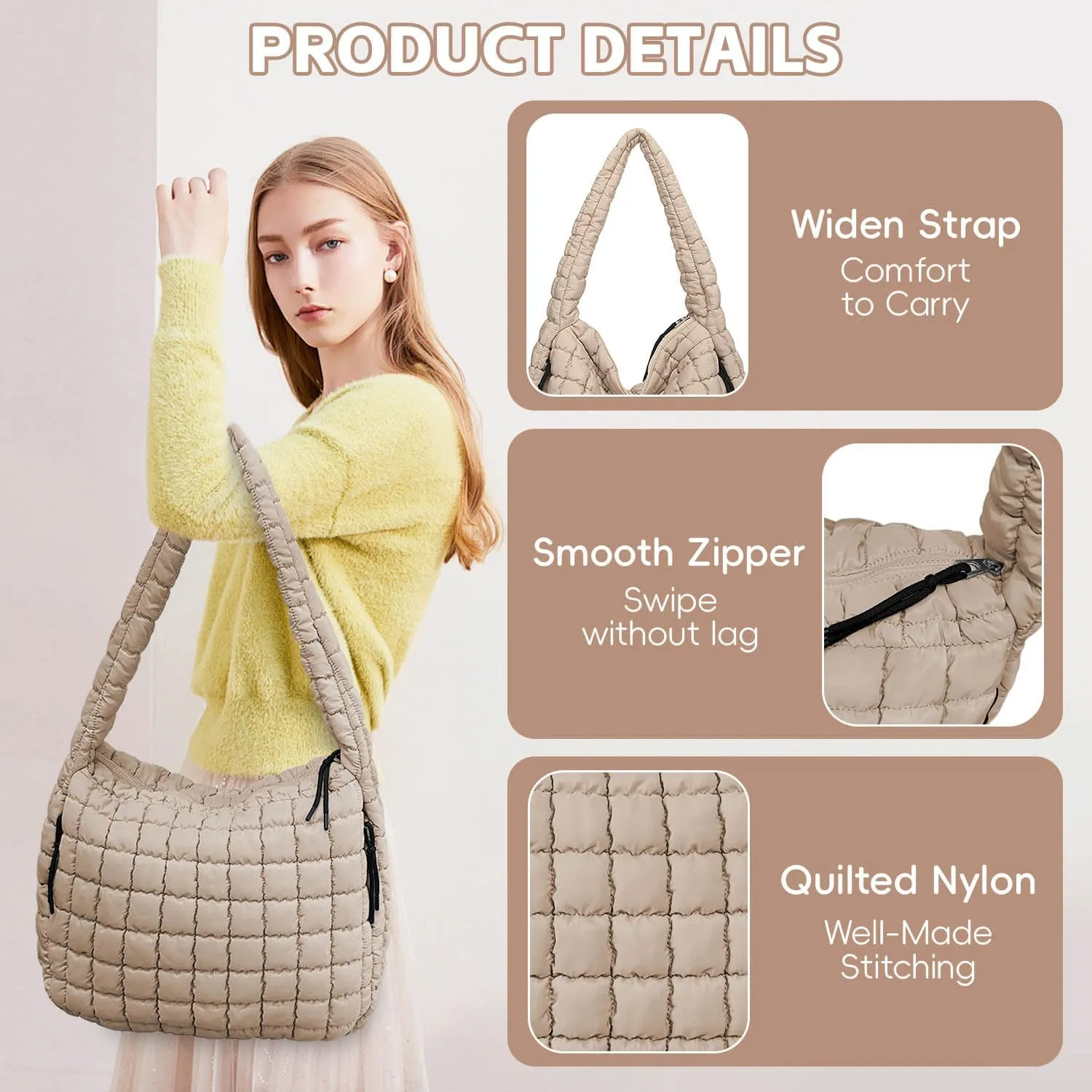 Puffer Tote, Quilted Puffer Hobo Bag, Lightweight Puffy Quilted Shoulder Bag for Work, Gym, Travel