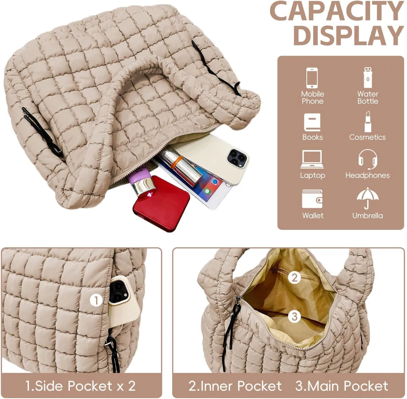 Puffer Tote, Quilted Puffer Hobo Bag, Lightweight Puffy Quilted Shoulder Bag for Work, Gym, Travel