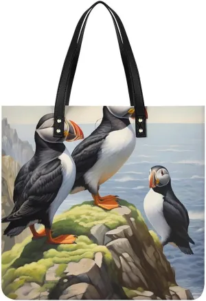 Puffines Bird Tote Bags PU Leather Top Handle Satchel Handbags Shoulder Bags Travel Purse for Women Men