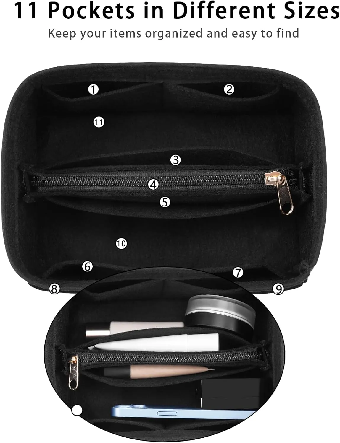 Purse Organizer Insert for LV Noe BB Bucket Bags,Tote Bag Organizer with zipper insert (Small, Black)