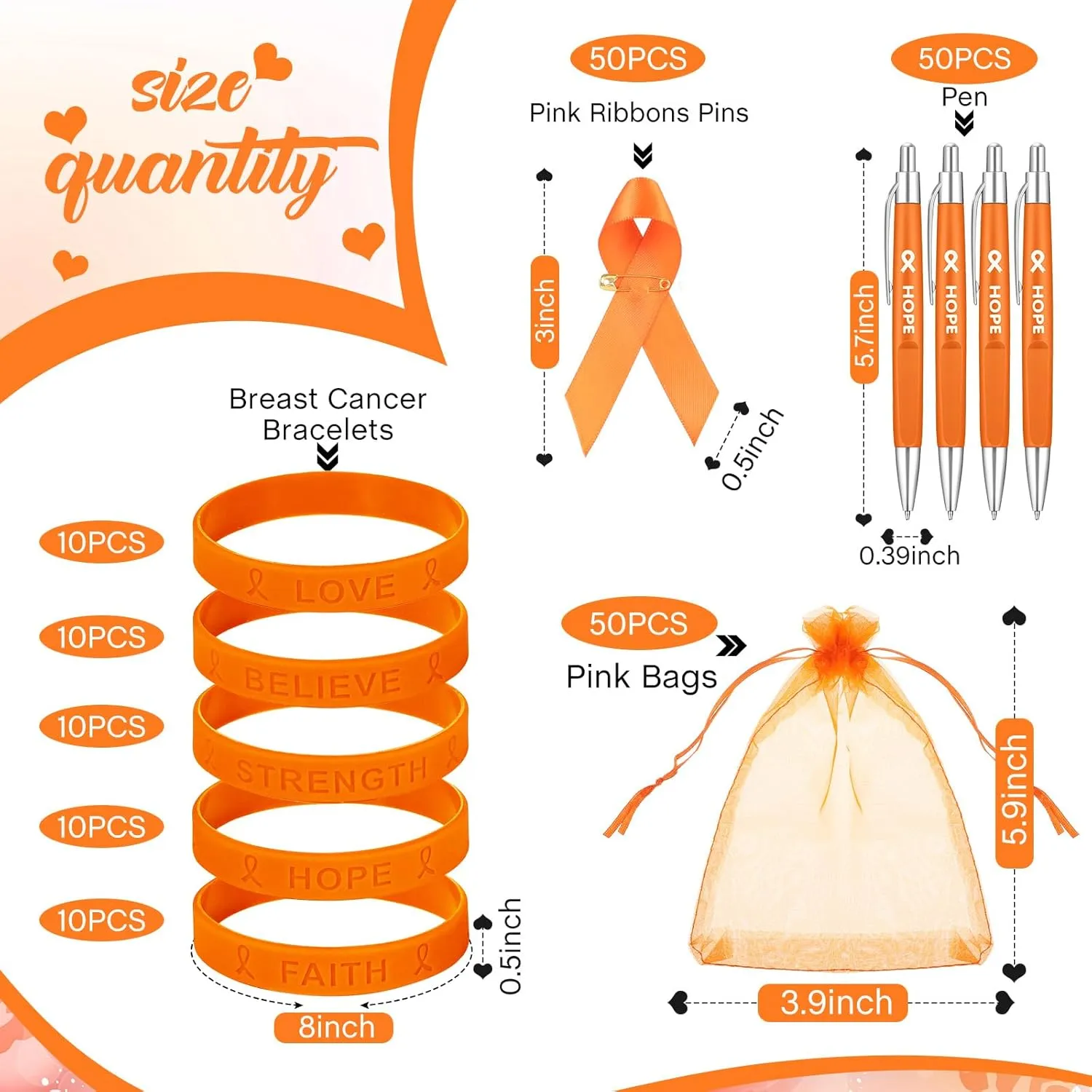 Qilery 50 Set Cancer Awareness Gifts Set, Include Breast Cancer Awareness Ribbon Pin Pen Bracelet and Bags for Domestic Violence Leukemia Pancreatic Lupus Multiple Sclerosis Item(Orange)