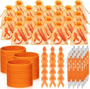 Qilery 50 Set Cancer Awareness Gifts Set, Include Breast Cancer Awareness Ribbon Pin Pen Bracelet and Bags for Domestic Violence Leukemia Pancreatic Lupus Multiple Sclerosis Item(Orange)