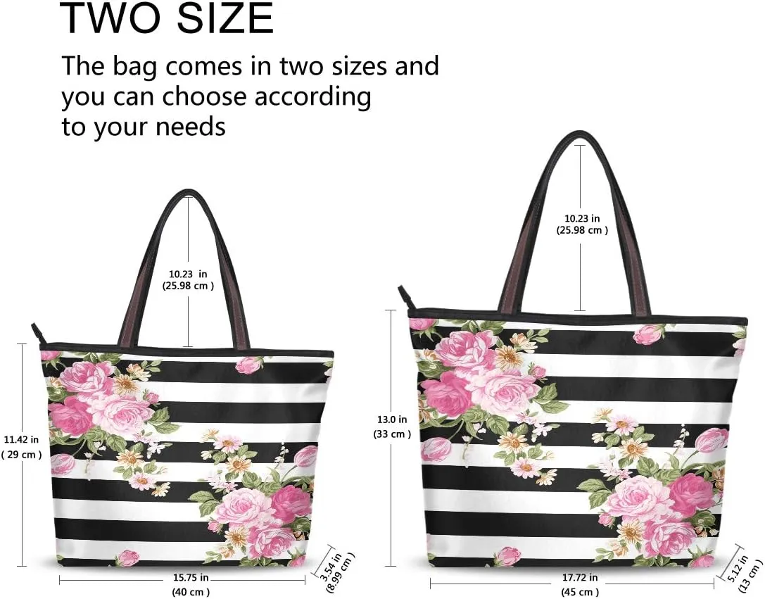 QMXO Black White Stripe Flowers Rose Handbags and Purse for Women Tote Bag Large Capacity Top Handle Shopper Shoulder Bag