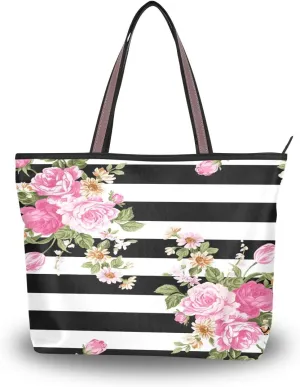 QMXO Black White Stripe Flowers Rose Handbags and Purse for Women Tote Bag Large Capacity Top Handle Shopper Shoulder Bag