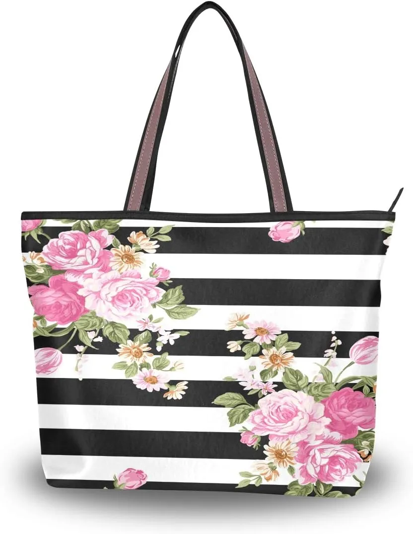QMXO Black White Stripe Flowers Rose Handbags and Purse for Women Tote Bag Large Capacity Top Handle Shopper Shoulder Bag