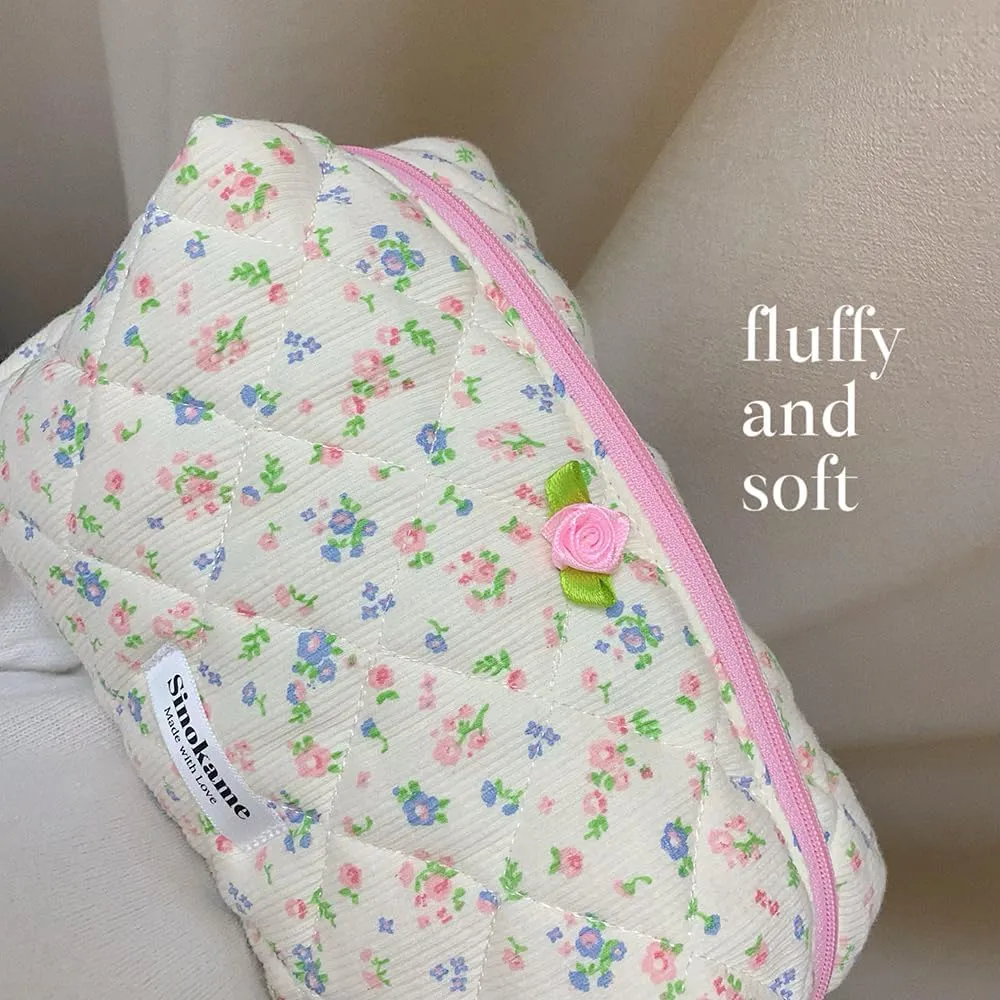 Quilted Coquette Travel Makeup Bag, Large Capacity Puffy Cotton Cosmetic Bag Toiletry Organizer for Women Reusable Washable Aesthetic Floral Pouches Handmade,Floralwhisper