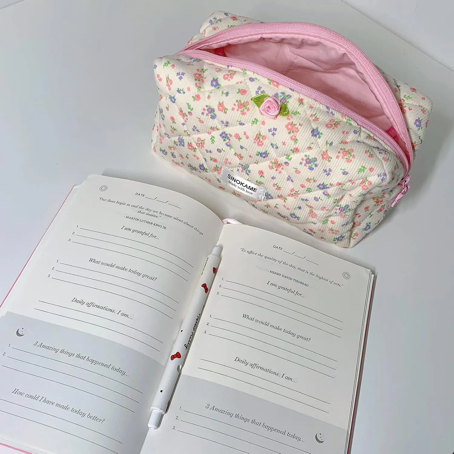 Quilted Coquette Travel Makeup Bag, Large Capacity Puffy Cotton Cosmetic Bag Toiletry Organizer for Women Reusable Washable Aesthetic Floral Pouches Handmade,Floralwhisper