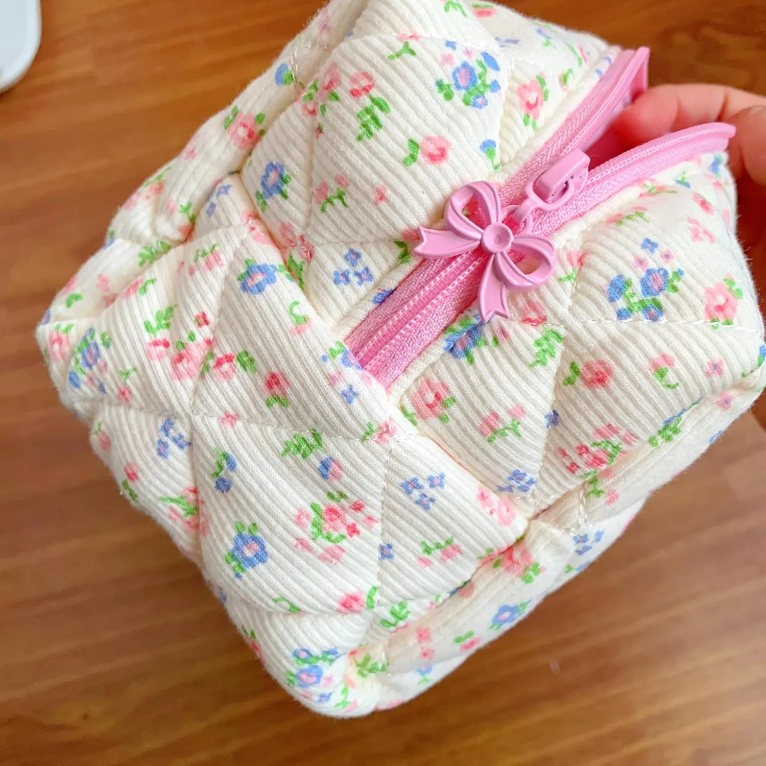 Quilted Coquette Travel Makeup Bag, Large Capacity Puffy Cotton Cosmetic Bag Toiletry Organizer for Women Reusable Washable Aesthetic Floral Pouches Handmade,Floralwhisper