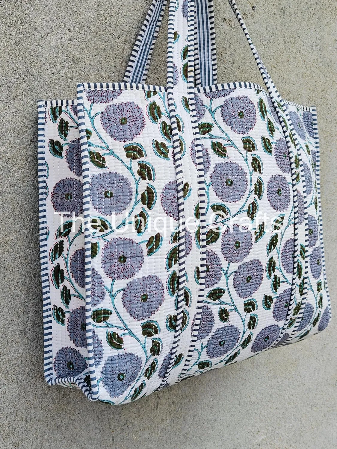 Quilted Cotton Handprinted Reversible Large Multicolor Tote Bag Hand Block Print Shoulder Bag Women Handbag Travel Bag