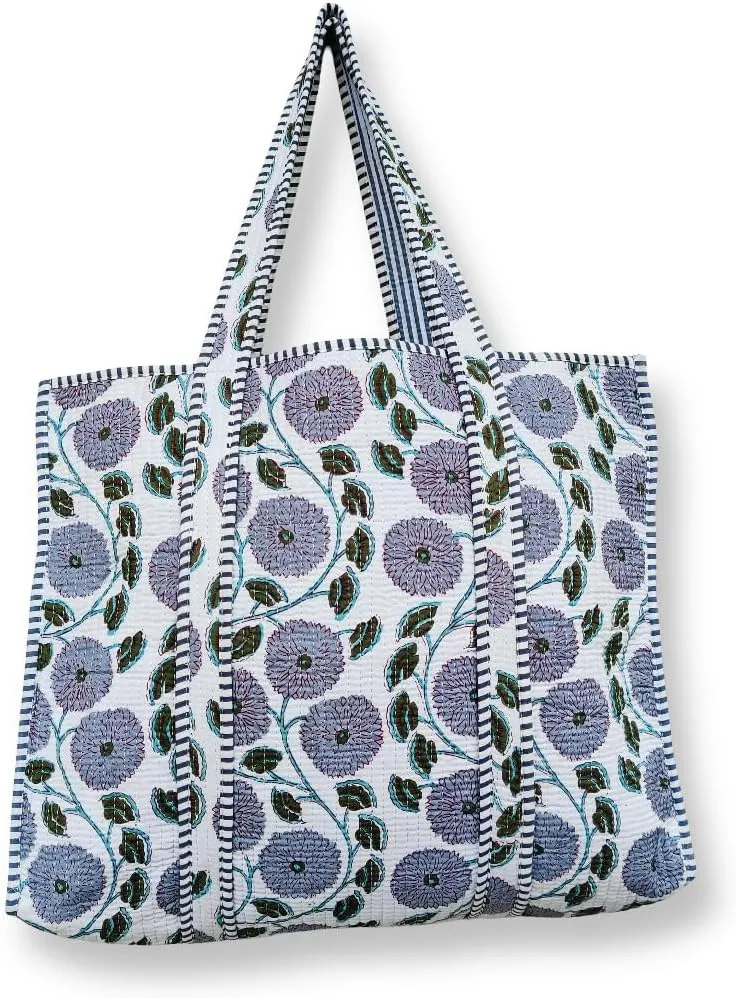 Quilted Cotton Handprinted Reversible Large Multicolor Tote Bag Hand Block Print Shoulder Bag Women Handbag Travel Bag