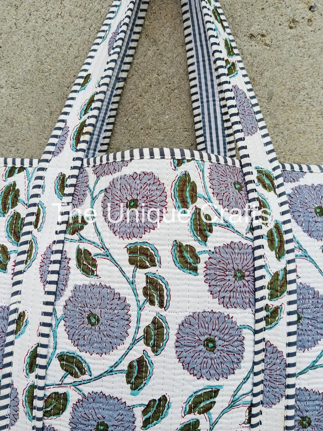 Quilted Cotton Handprinted Reversible Large Multicolor Tote Bag Hand Block Print Shoulder Bag Women Handbag Travel Bag
