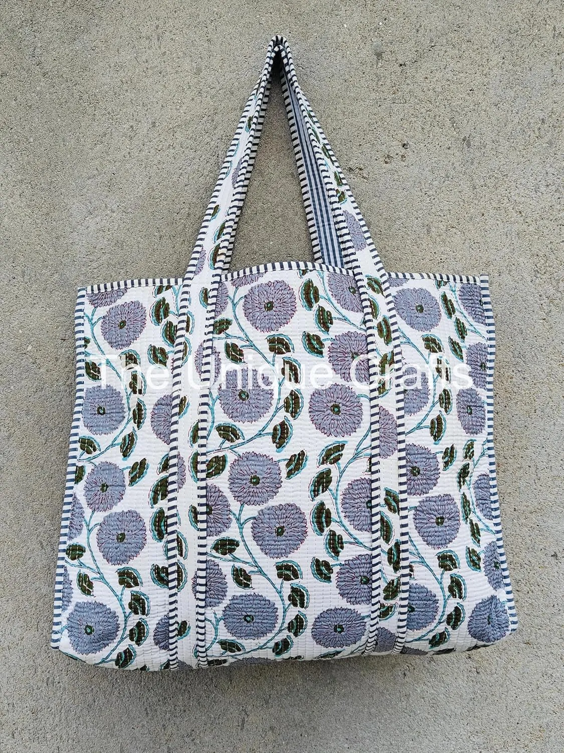 Quilted Cotton Handprinted Reversible Large Multicolor Tote Bag Hand Block Print Shoulder Bag Women Handbag Travel Bag