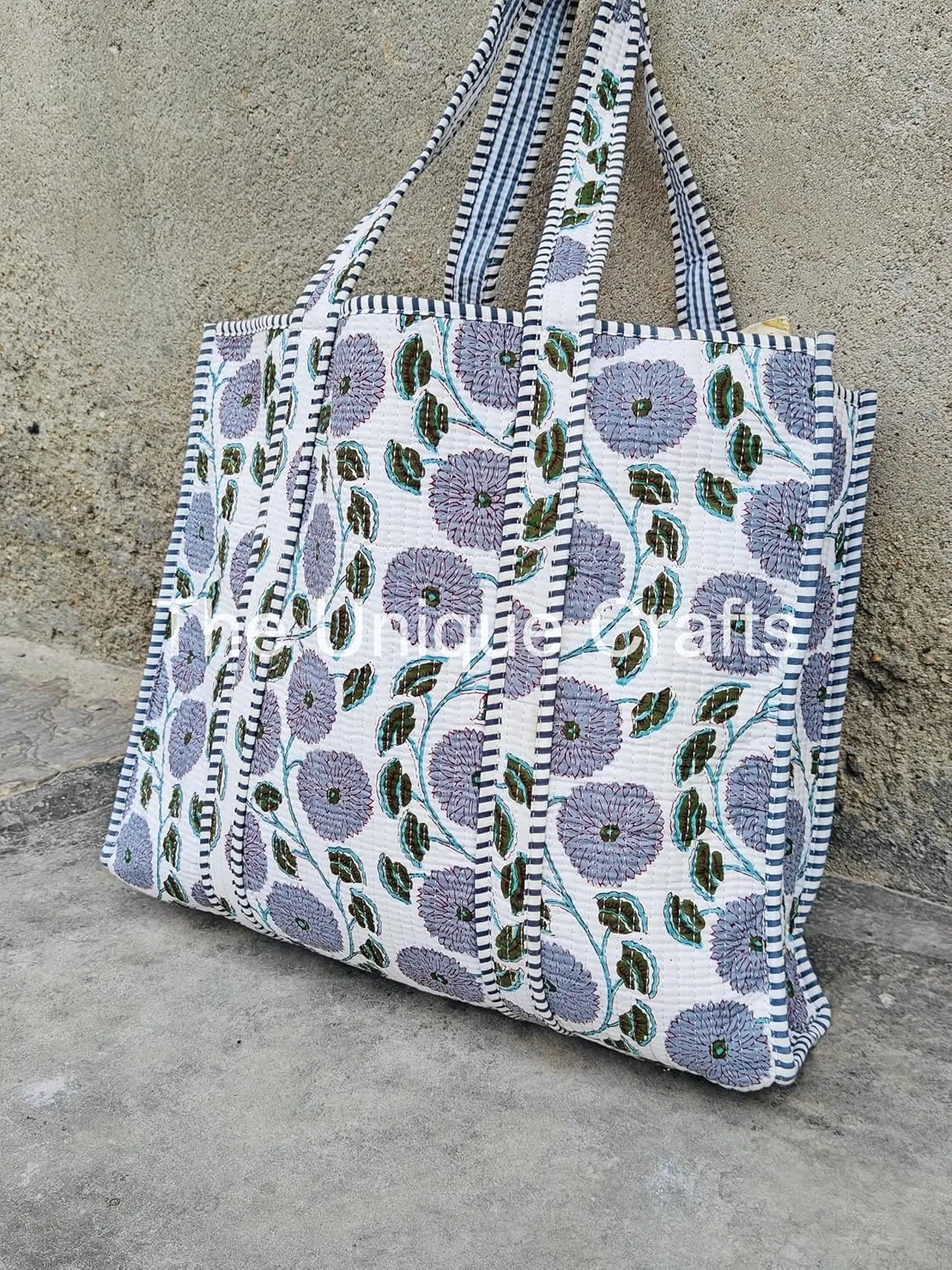 Quilted Cotton Handprinted Reversible Large Multicolor Tote Bag Hand Block Print Shoulder Bag Women Handbag Travel Bag