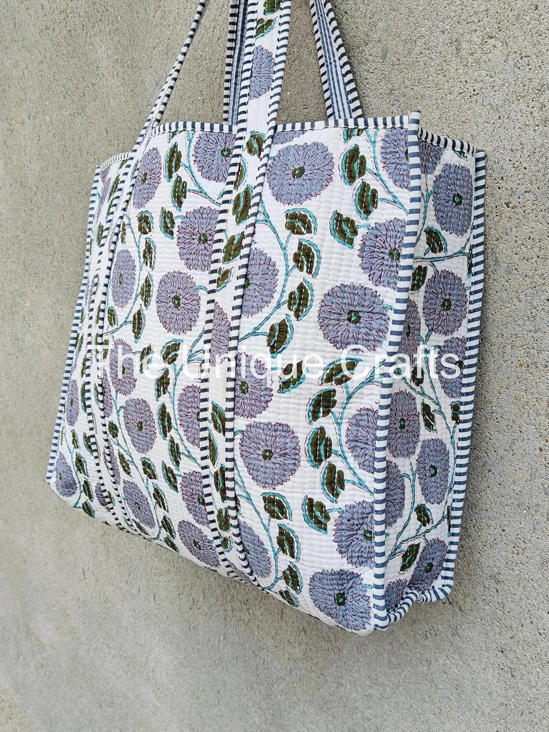 Quilted Cotton Handprinted Reversible Large Multicolor Tote Bag Hand Block Print Shoulder Bag Women Handbag Travel Bag
