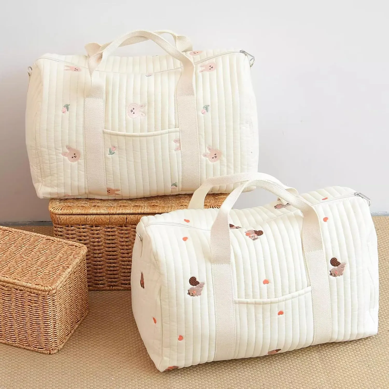 Quilted Duffle Bag For Women Cute Weekender Bag Floral Travel Bag Cotton Diaper Tote Bag