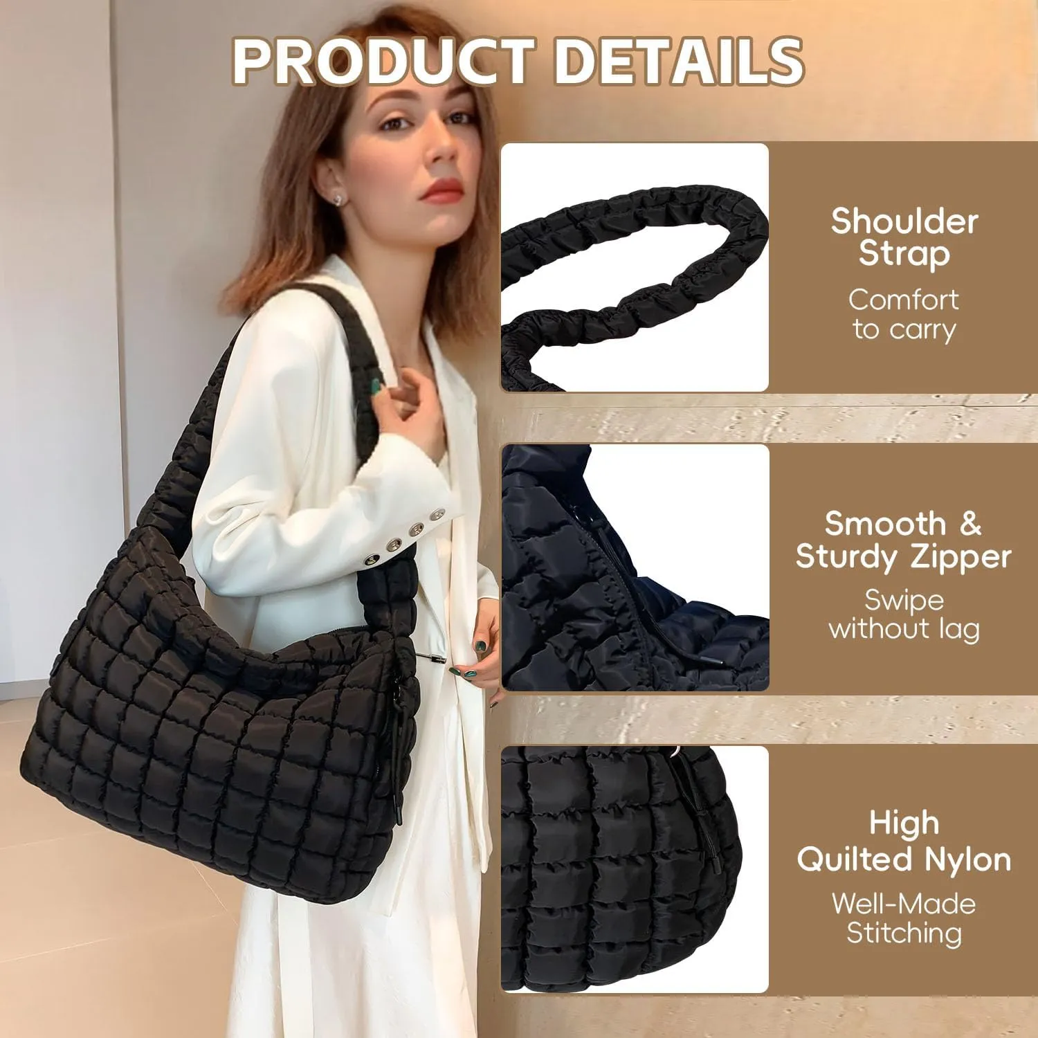 Quilted Tote Bag, Puffer Bag for Women, Large Puffy Shoulder Bag, Lightweight Checkered Purse, Soft Padded Hobo Bag