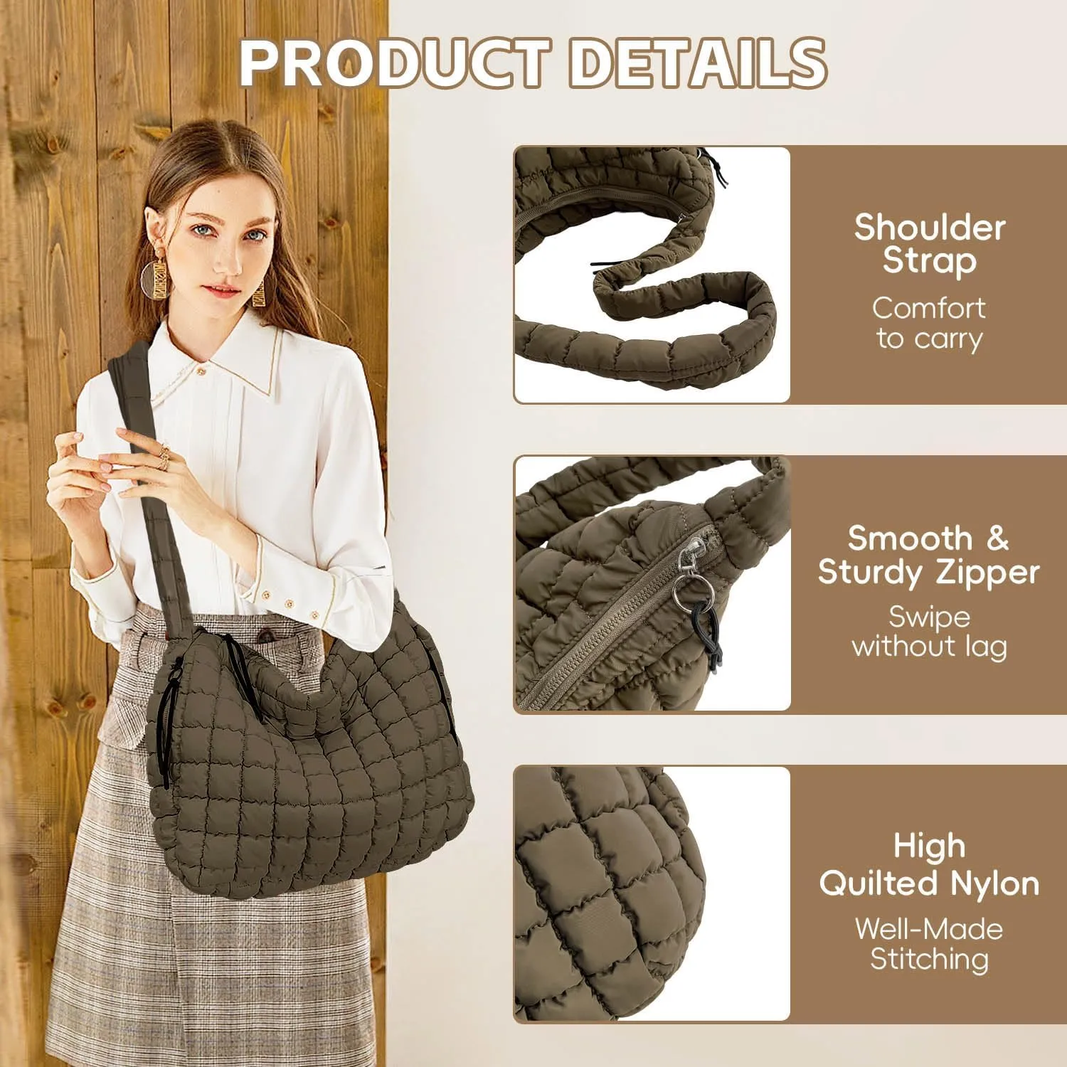 Quilted Tote Bag, Puffer Bag for Women, Large Puffy Shoulder Bag, Lightweight Checkered Purse, Soft Padded Hobo Bag