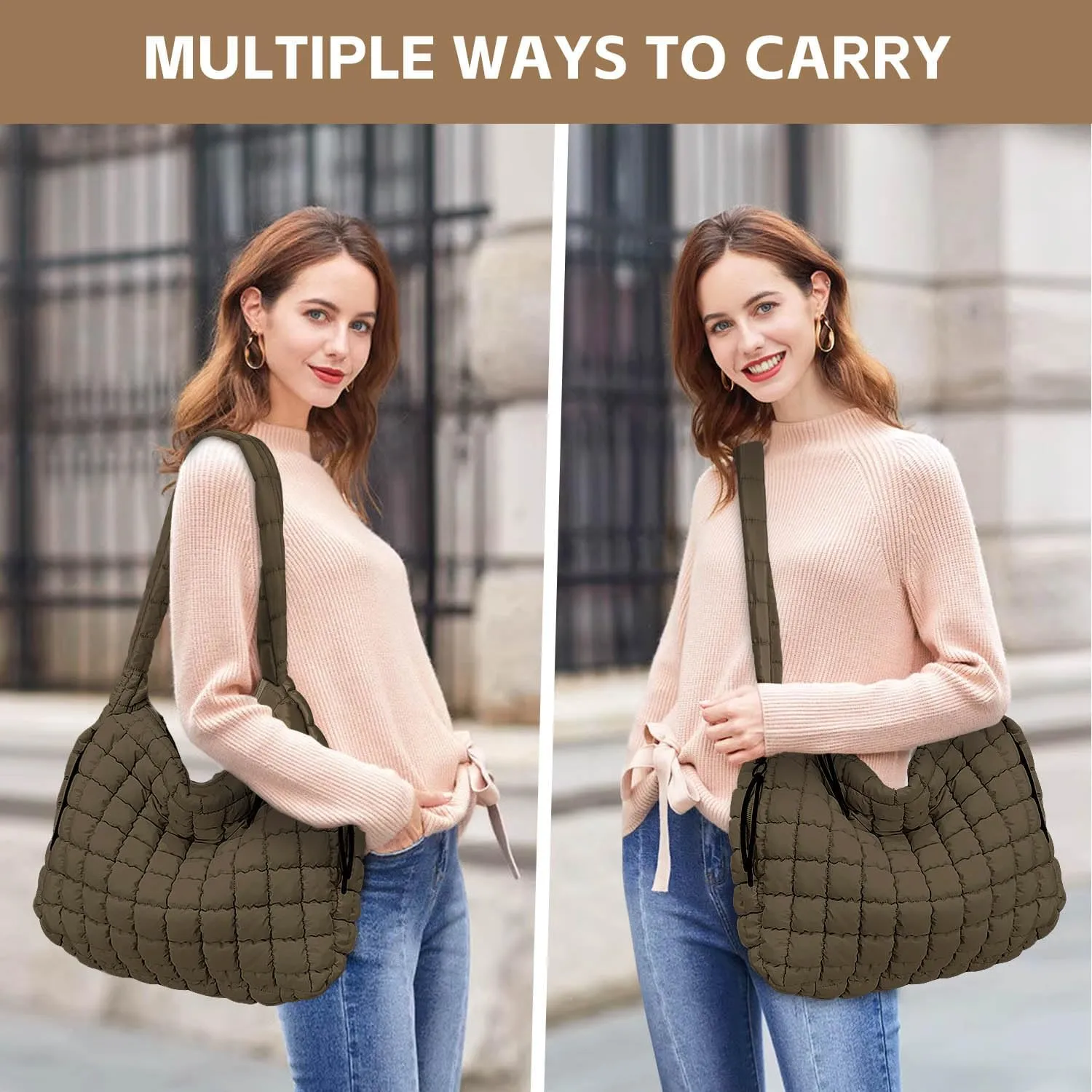 Quilted Tote Bag, Puffer Bag for Women, Large Puffy Shoulder Bag, Lightweight Checkered Purse, Soft Padded Hobo Bag