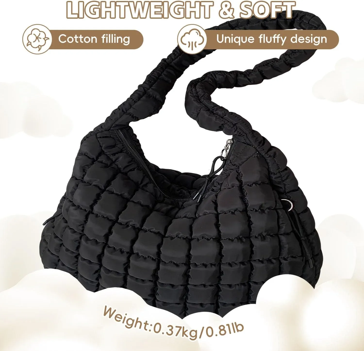 Quilted Tote Bag, Puffer Bag for Women, Large Puffy Shoulder Bag, Lightweight Checkered Purse, Soft Padded Hobo Bag