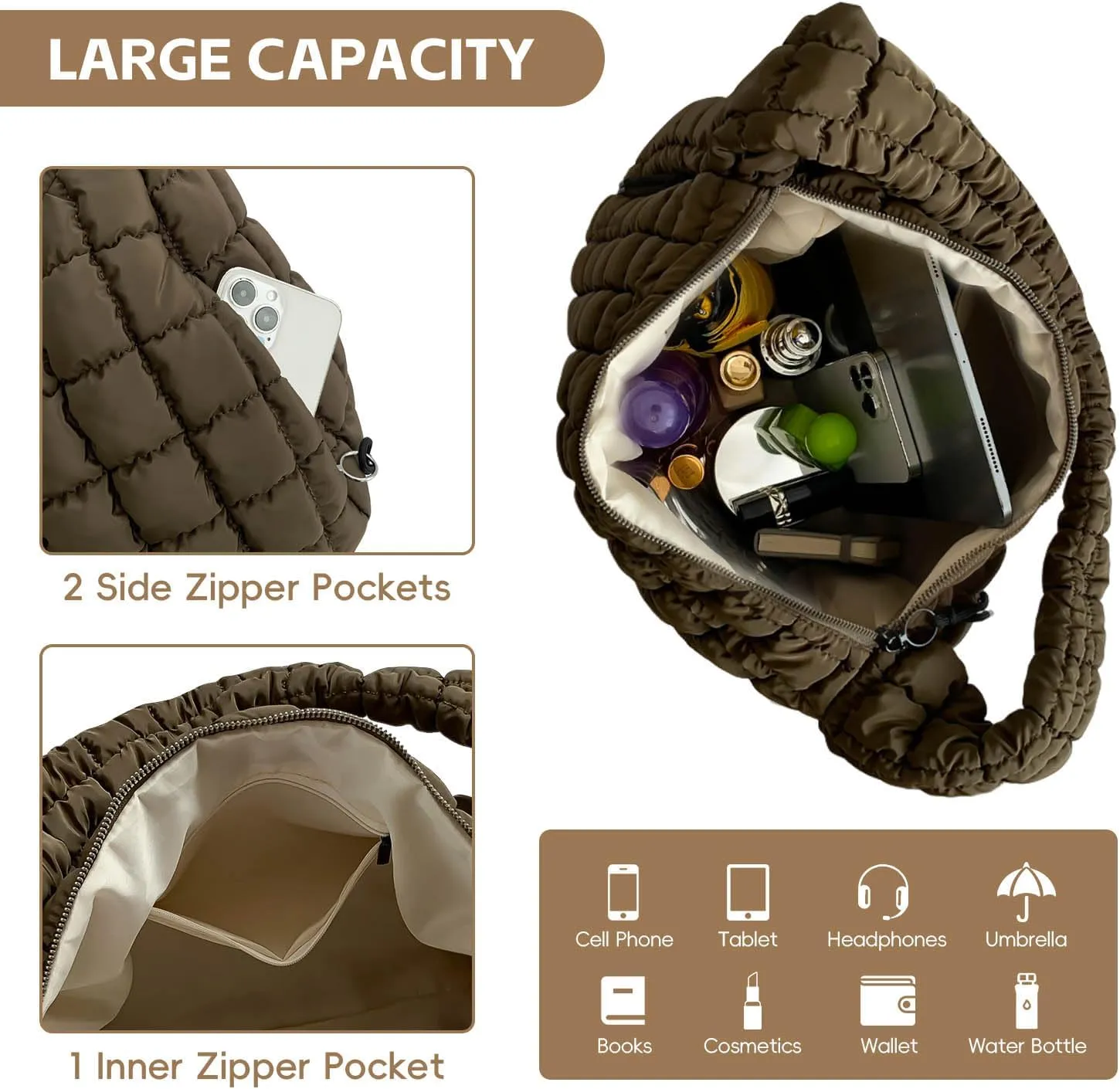 Quilted Tote Bag, Puffer Bag for Women, Large Puffy Shoulder Bag, Lightweight Checkered Purse, Soft Padded Hobo Bag