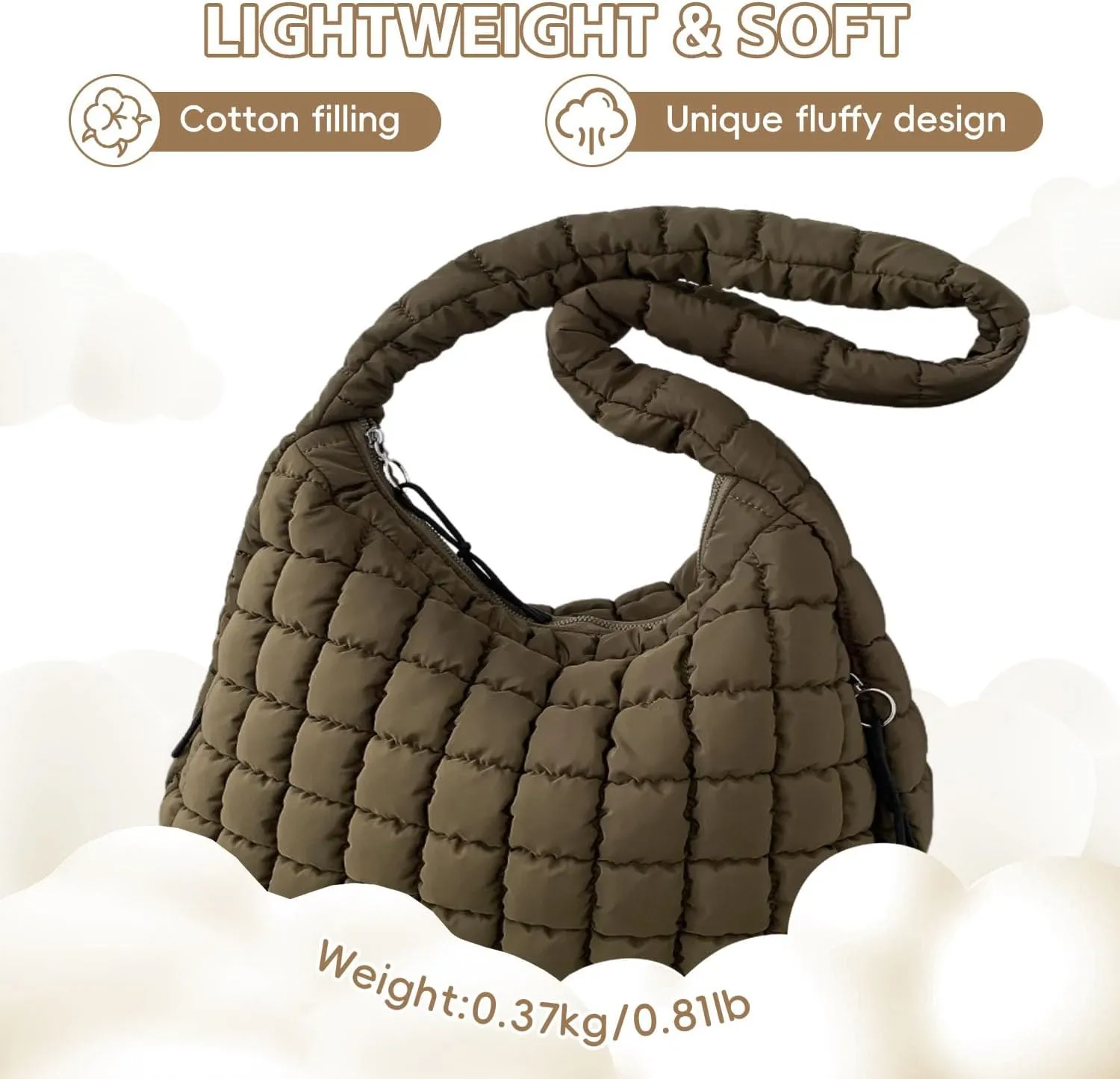 Quilted Tote Bag, Puffer Bag for Women, Large Puffy Shoulder Bag, Lightweight Checkered Purse, Soft Padded Hobo Bag