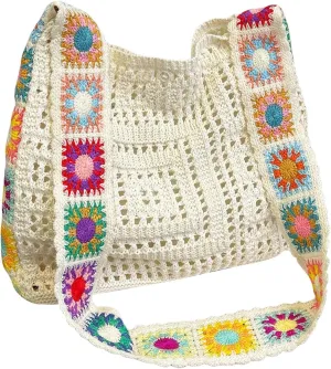 QWINEE Women's Boho Embroidery Crossbody Bag Hollow Out Crochet Knit Shoulder Bag Tote Handbag