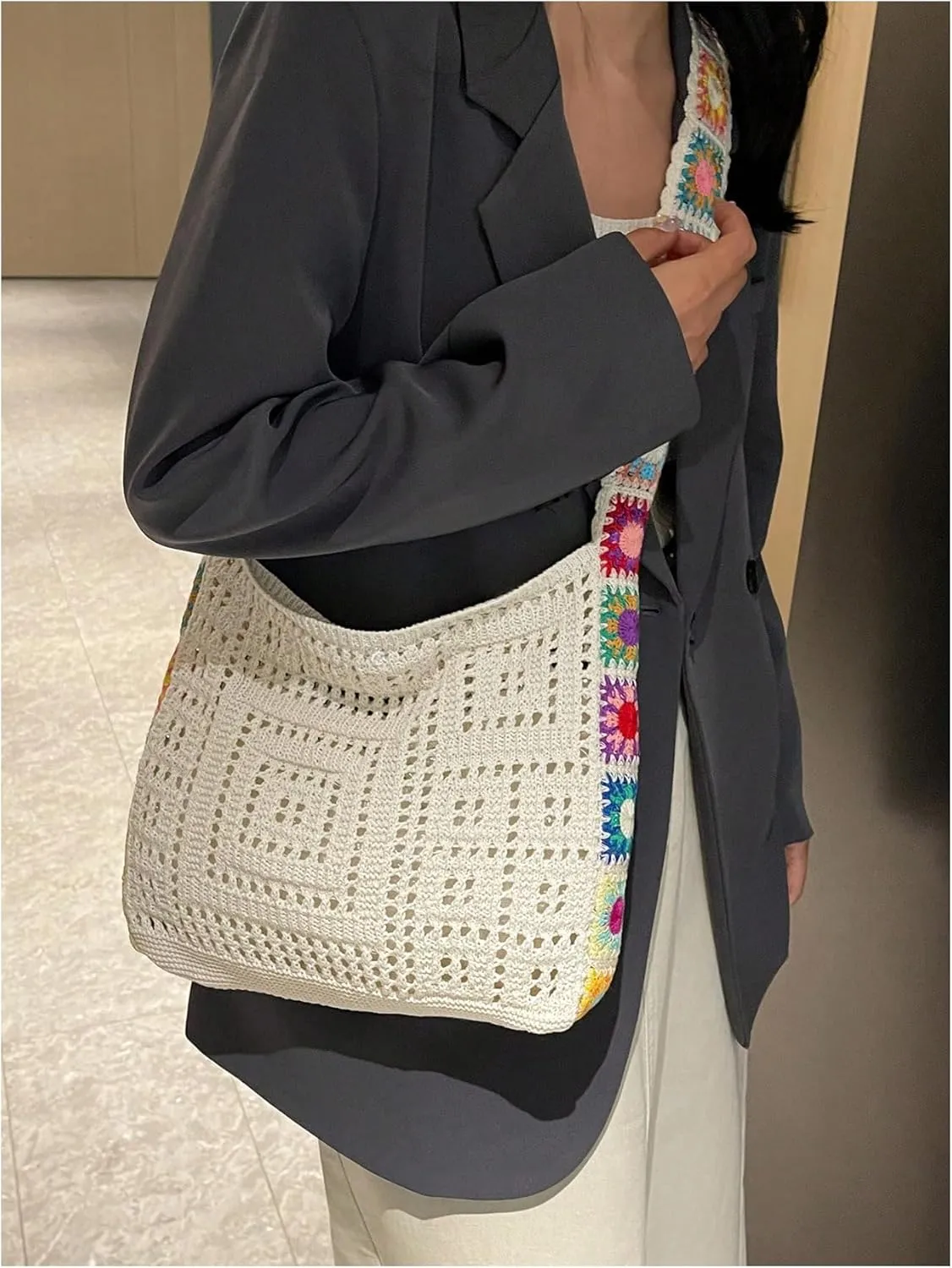 QWINEE Women's Boho Embroidery Crossbody Bag Hollow Out Crochet Knit Shoulder Bag Tote Handbag