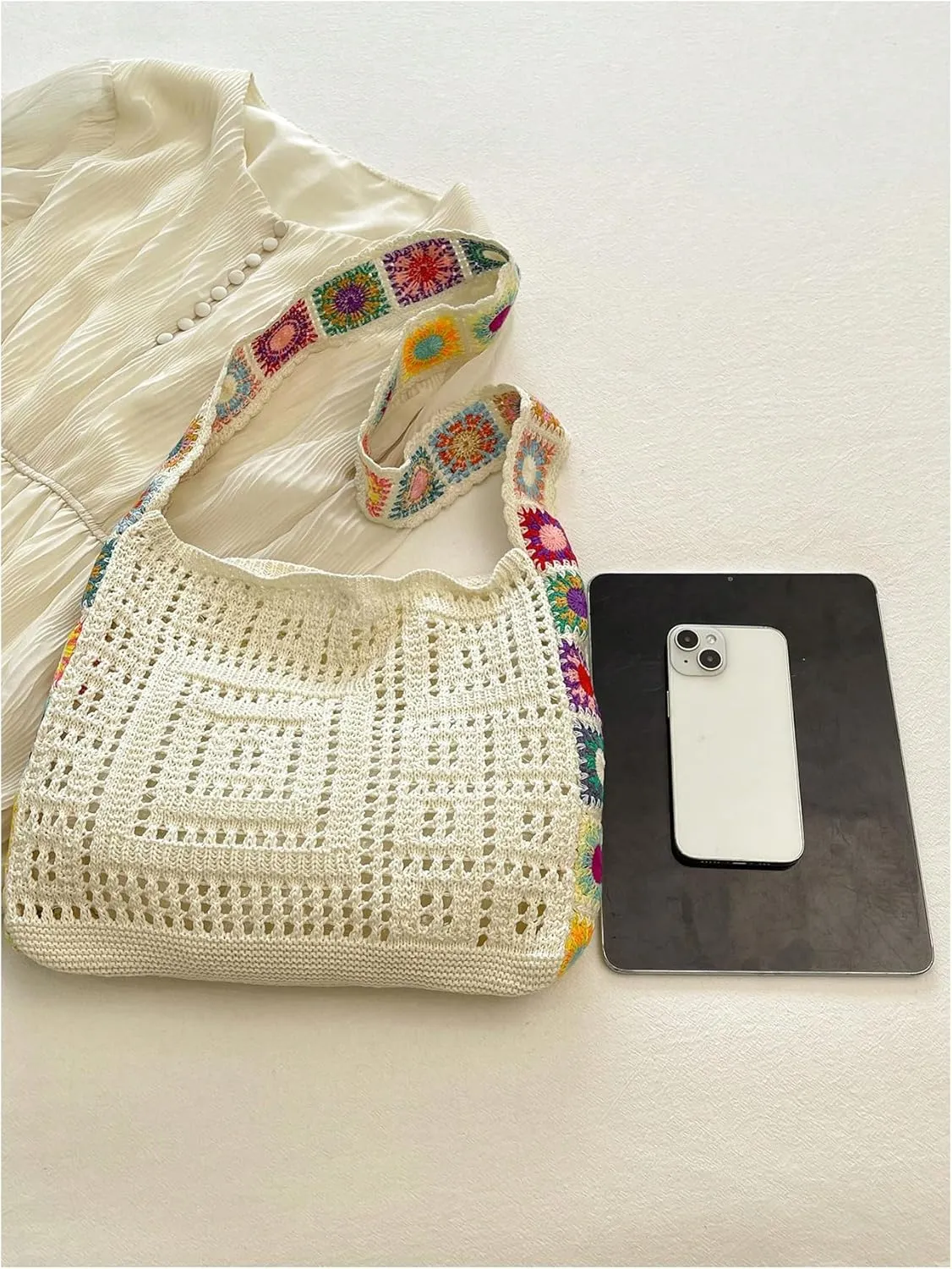 QWINEE Women's Boho Embroidery Crossbody Bag Hollow Out Crochet Knit Shoulder Bag Tote Handbag