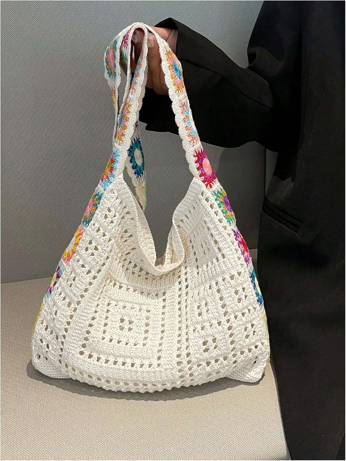 QWINEE Women's Boho Embroidery Crossbody Bag Hollow Out Crochet Knit Shoulder Bag Tote Handbag
