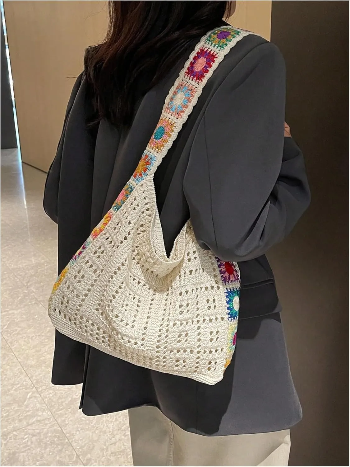 QWINEE Women's Boho Embroidery Crossbody Bag Hollow Out Crochet Knit Shoulder Bag Tote Handbag