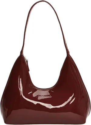 QWINEE Women's Y2K Shoulder Bags Retro Handbags Patent Leather Purses Zipper Crescent Clutch Top Handle Underarm Bag