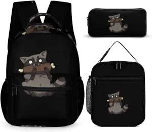 Raccoon CHOMP 3 Pieces Backpack Set with Lunch Bag Pencil Case Travel Daypack Lunch Tote Bags Purse