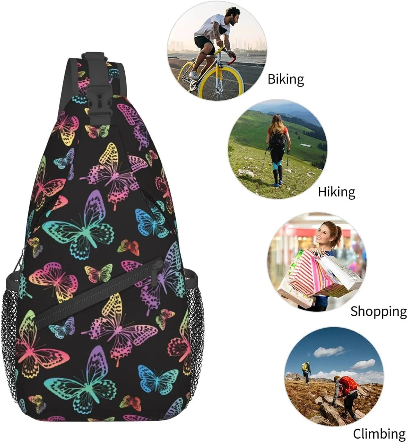 Rainbow Butterfly Sling Bag Crossbody Backpack,Colorful Silhouettes of Butterflies Watercolor Spots Chest Bag Casual Shoulder Backpack Cute Insect Pattern Travel Hiking Daypack for Women Men