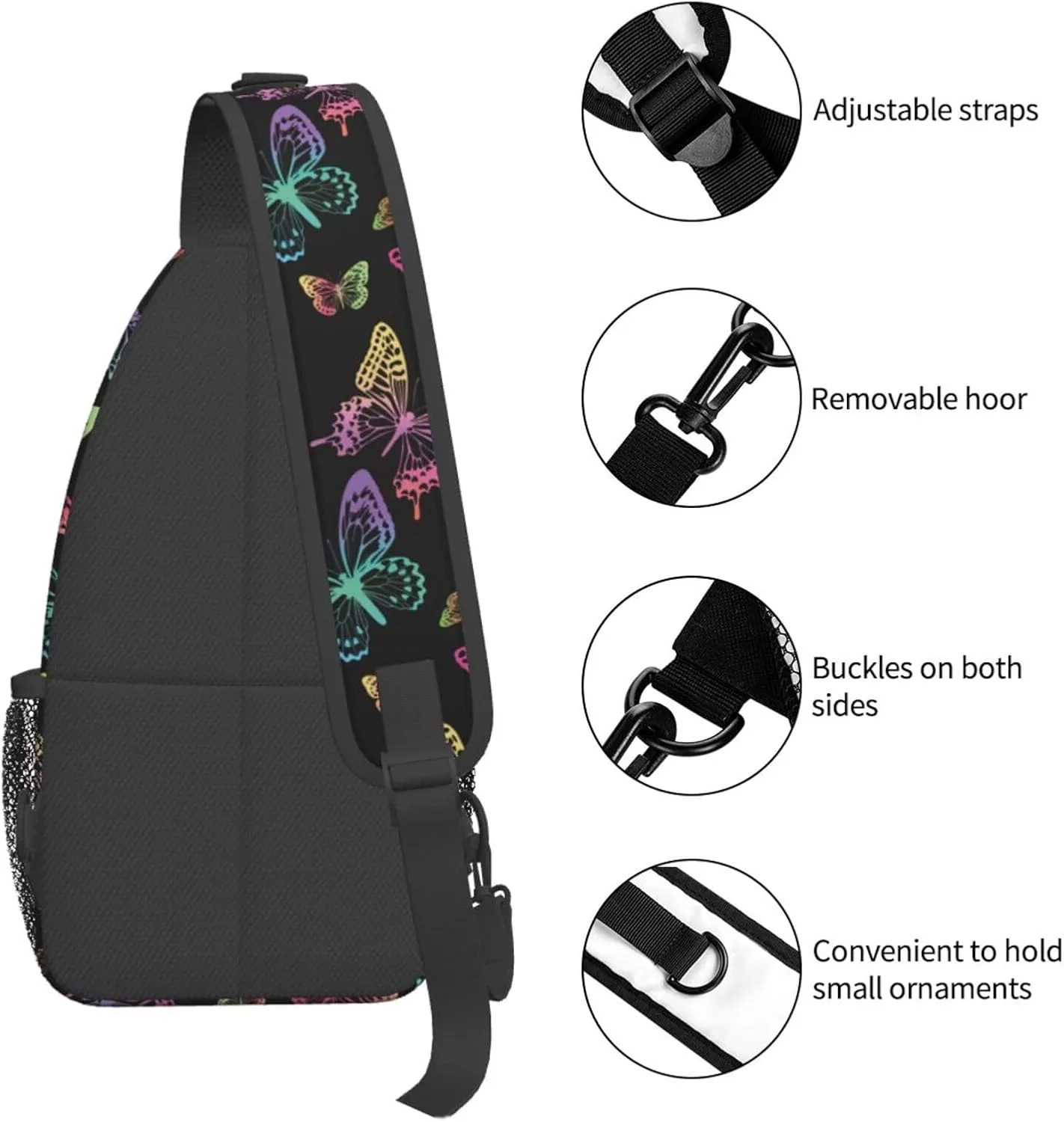 Rainbow Butterfly Sling Bag Crossbody Backpack,Colorful Silhouettes of Butterflies Watercolor Spots Chest Bag Casual Shoulder Backpack Cute Insect Pattern Travel Hiking Daypack for Women Men