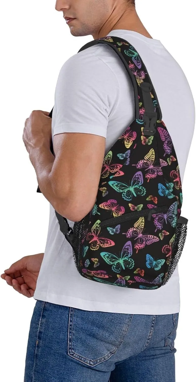 Rainbow Butterfly Sling Bag Crossbody Backpack,Colorful Silhouettes of Butterflies Watercolor Spots Chest Bag Casual Shoulder Backpack Cute Insect Pattern Travel Hiking Daypack for Women Men