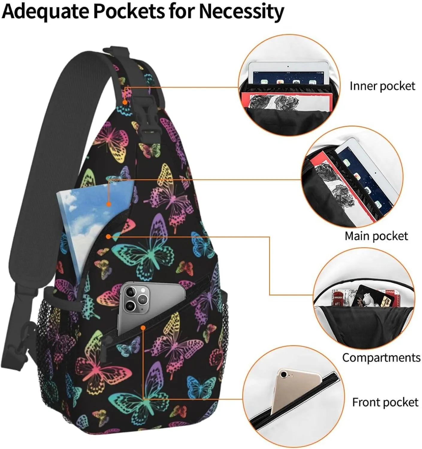 Rainbow Butterfly Sling Bag Crossbody Backpack,Colorful Silhouettes of Butterflies Watercolor Spots Chest Bag Casual Shoulder Backpack Cute Insect Pattern Travel Hiking Daypack for Women Men