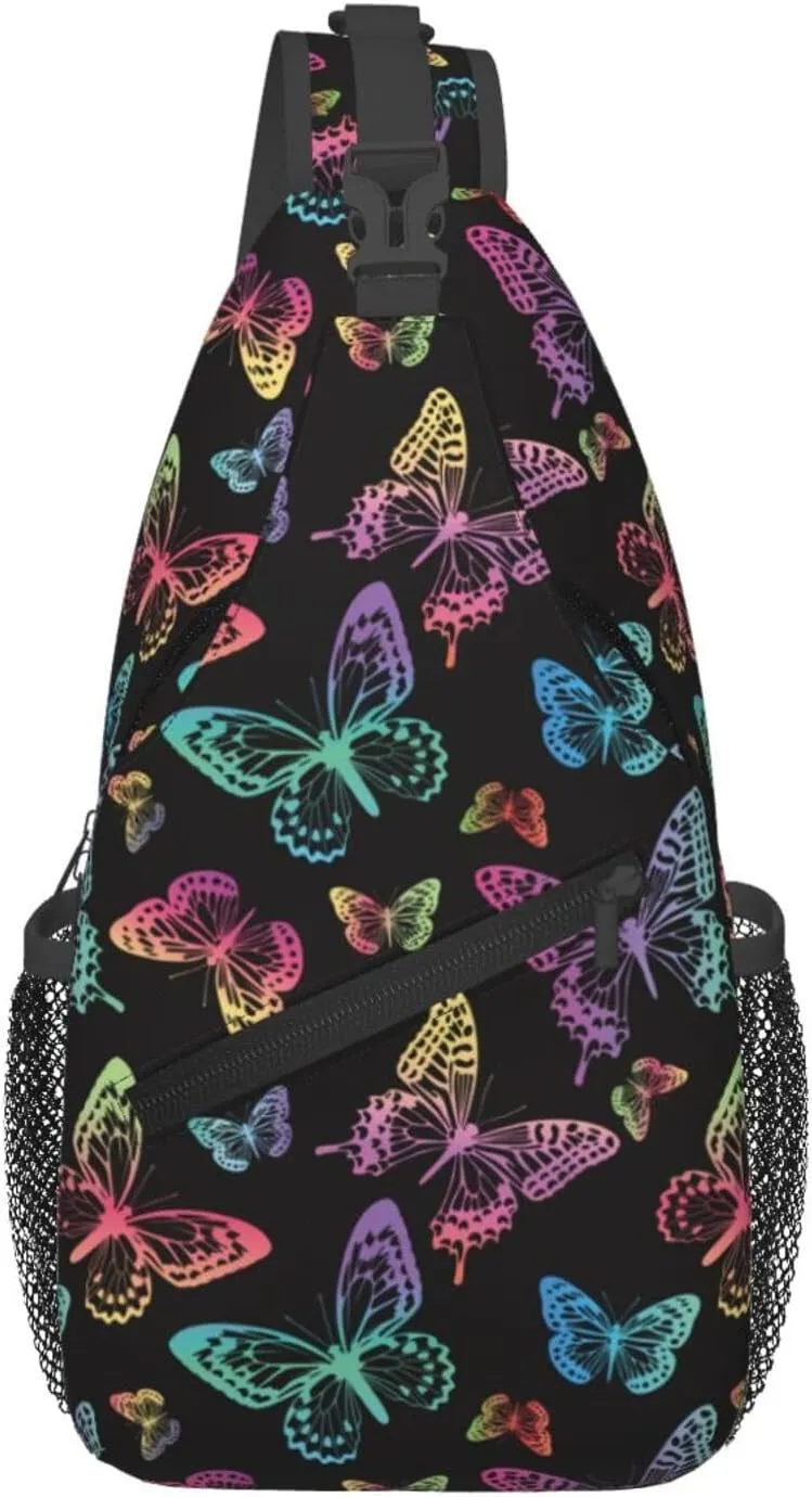Rainbow Butterfly Sling Bag Crossbody Backpack,Colorful Silhouettes of Butterflies Watercolor Spots Chest Bag Casual Shoulder Backpack Cute Insect Pattern Travel Hiking Daypack for Women Men