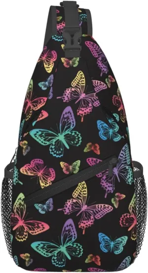 Rainbow Butterfly Sling Bag Crossbody Backpack,Colorful Silhouettes of Butterflies Watercolor Spots Chest Bag Casual Shoulder Backpack Cute Insect Pattern Travel Hiking Daypack for Women Men