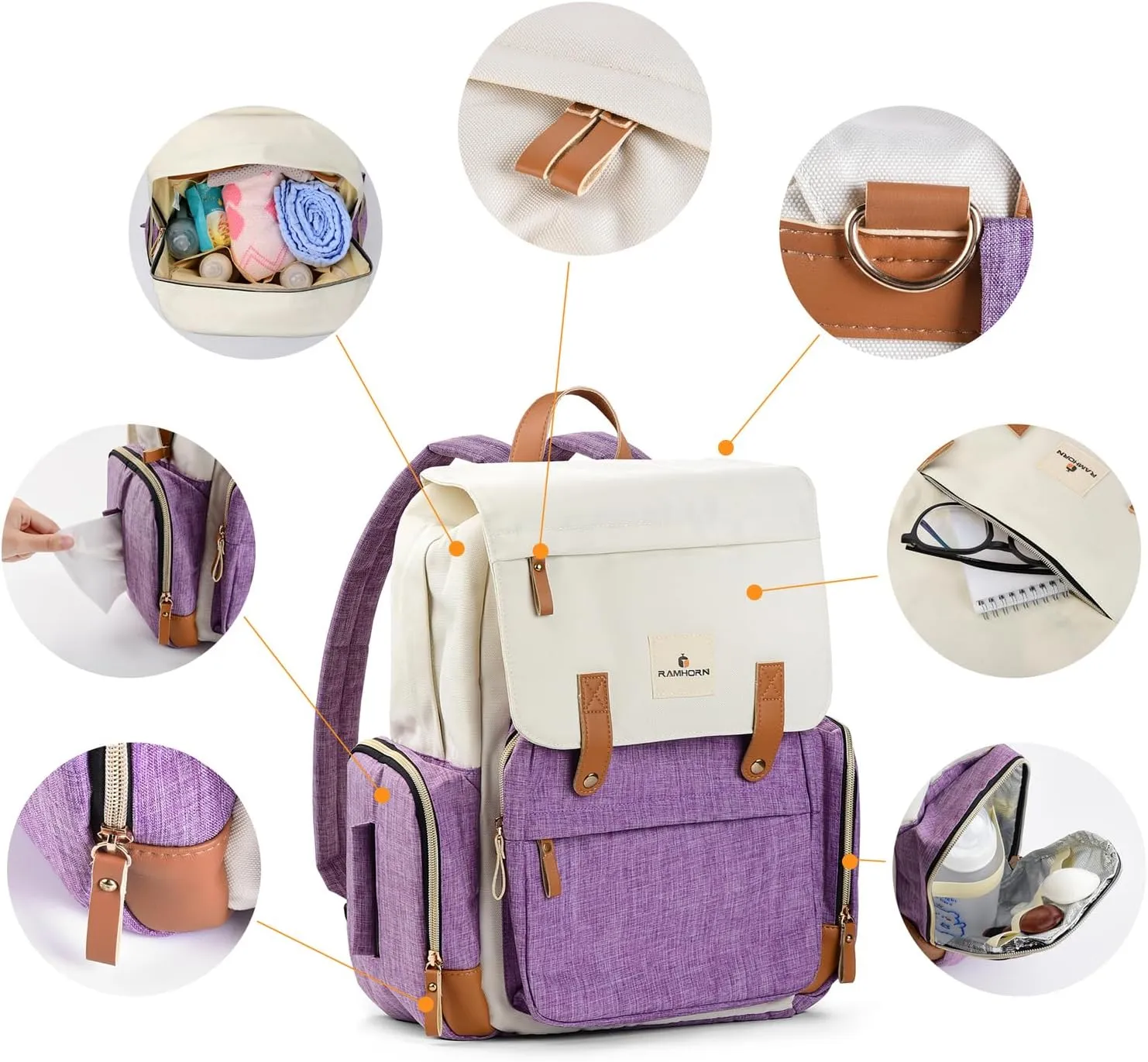 Ramhorn Diaper Bag Multifunction Travel Backpacks for Mom with Insulated Pockets and Laptop Compartment, purple