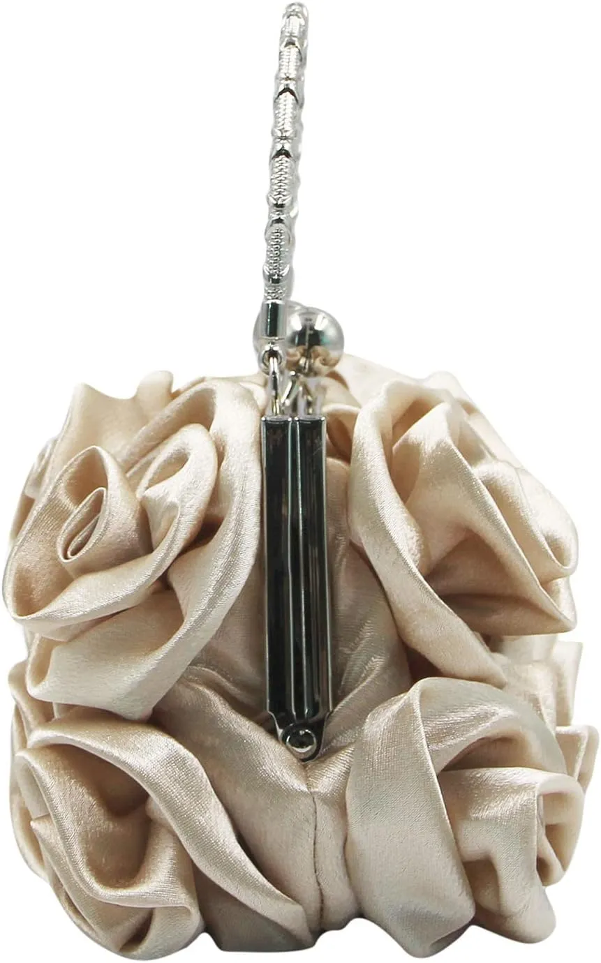RARITYUS Women Evening Bag Silk-Like Satin Rose Shaped Clutch Handbag with Elegant Metal Handle for Party Wedding Purse