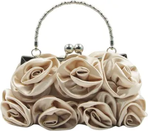 RARITYUS Women Evening Bag Silk-Like Satin Rose Shaped Clutch Handbag with Elegant Metal Handle for Party Wedding Purse