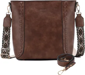 RAVUO Crossbody Bag for Women, Vegan Leather Bucket Handbag Shoulder Purse Trendy Lady Bag w Adjustable Guitar Strap