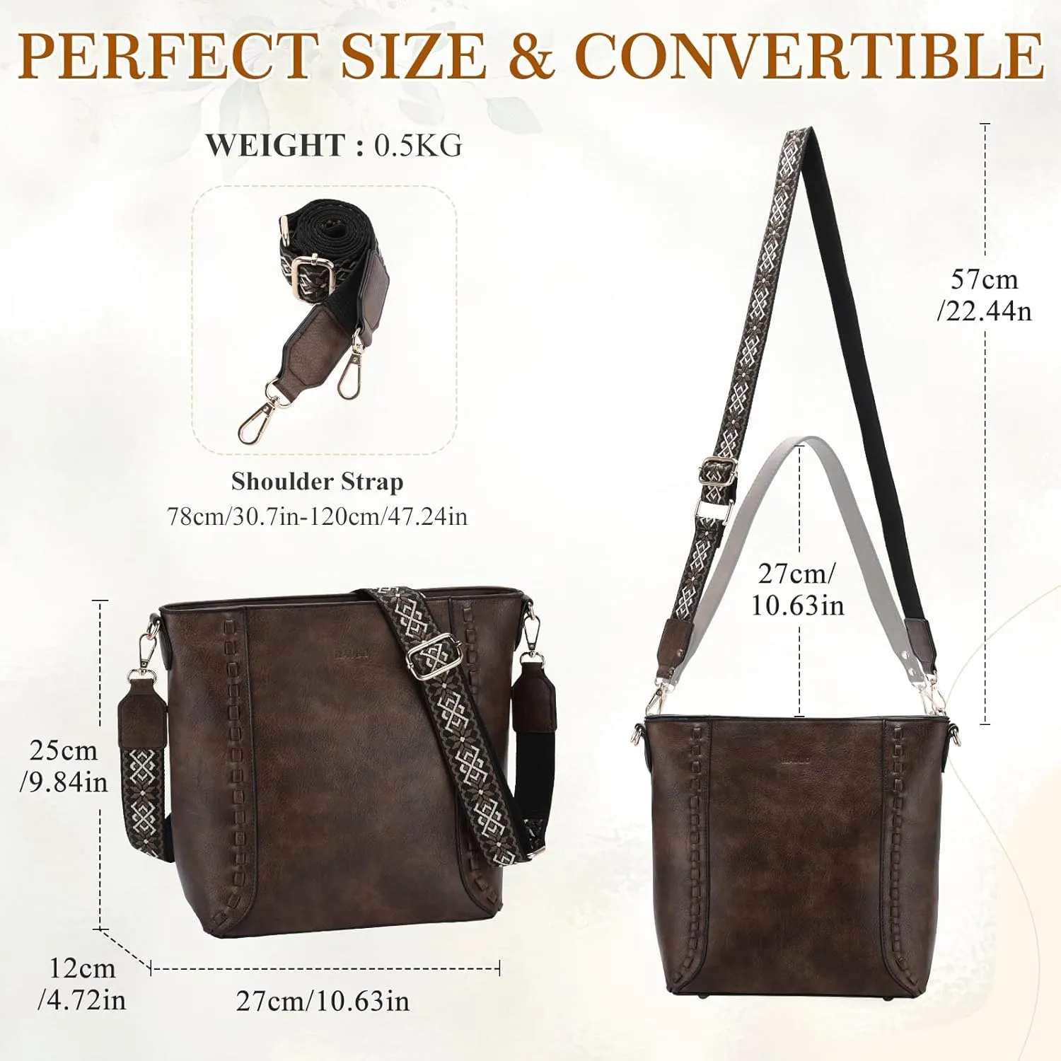 RAVUO Crossbody Bag for Women, Vegan Leather Bucket Handbag Shoulder Purse Trendy Lady Bag w Adjustable Guitar Strap